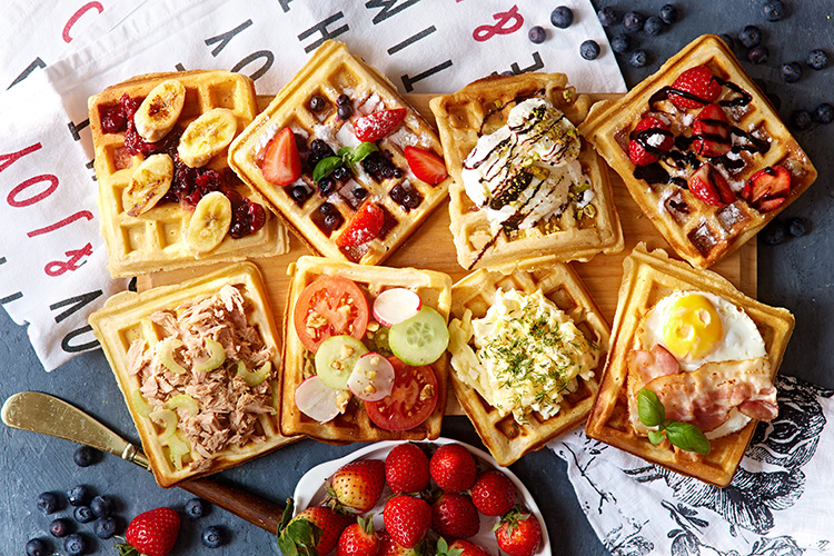 Waffles with sweet and savory toppings